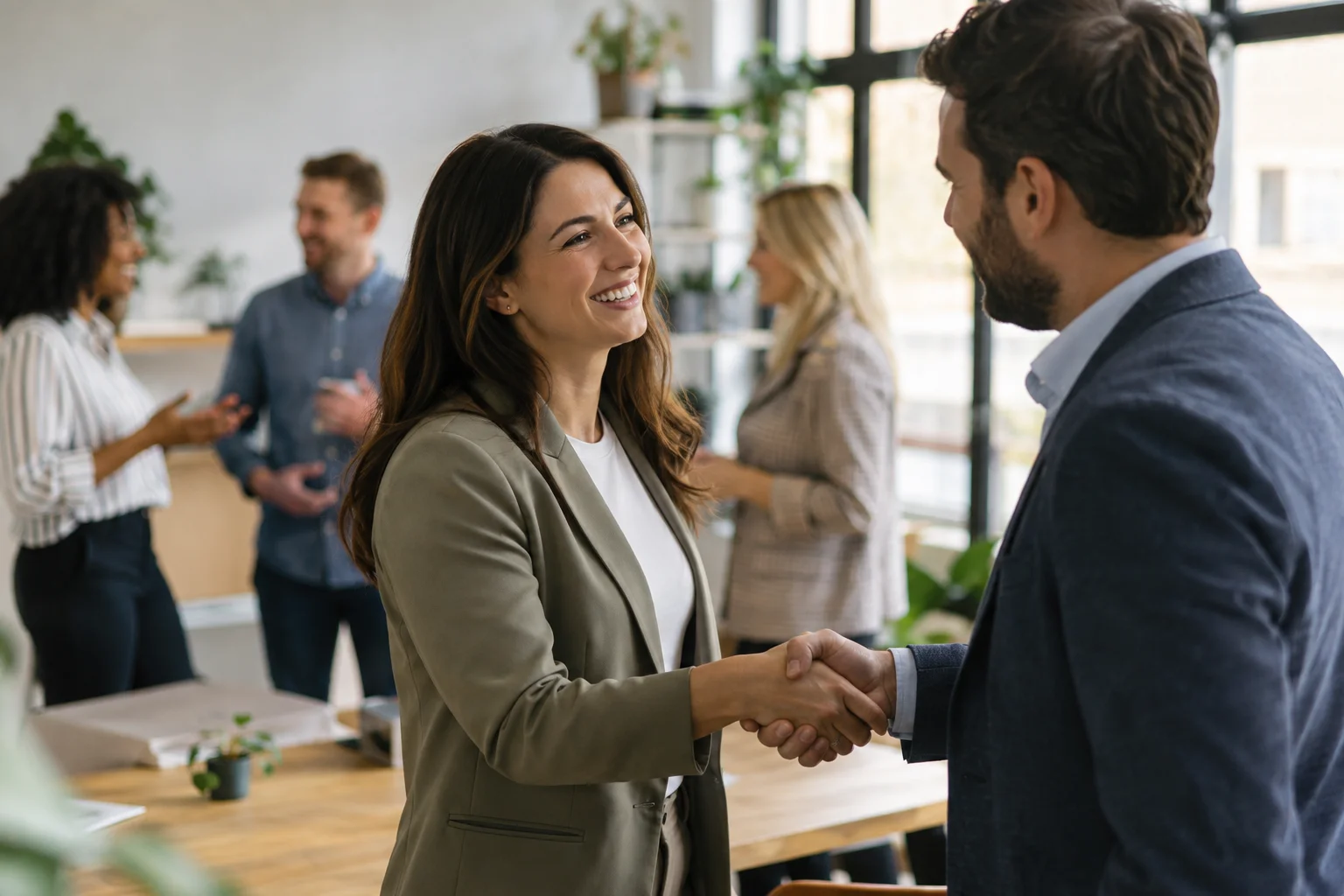 Professionals shaking hands and building business relationships through referrals and networking