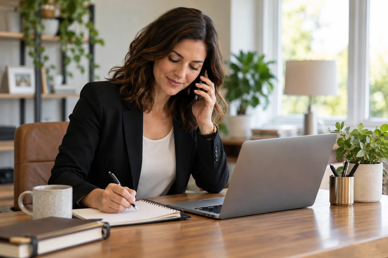 Business professional following up with referral partners using phone and notes