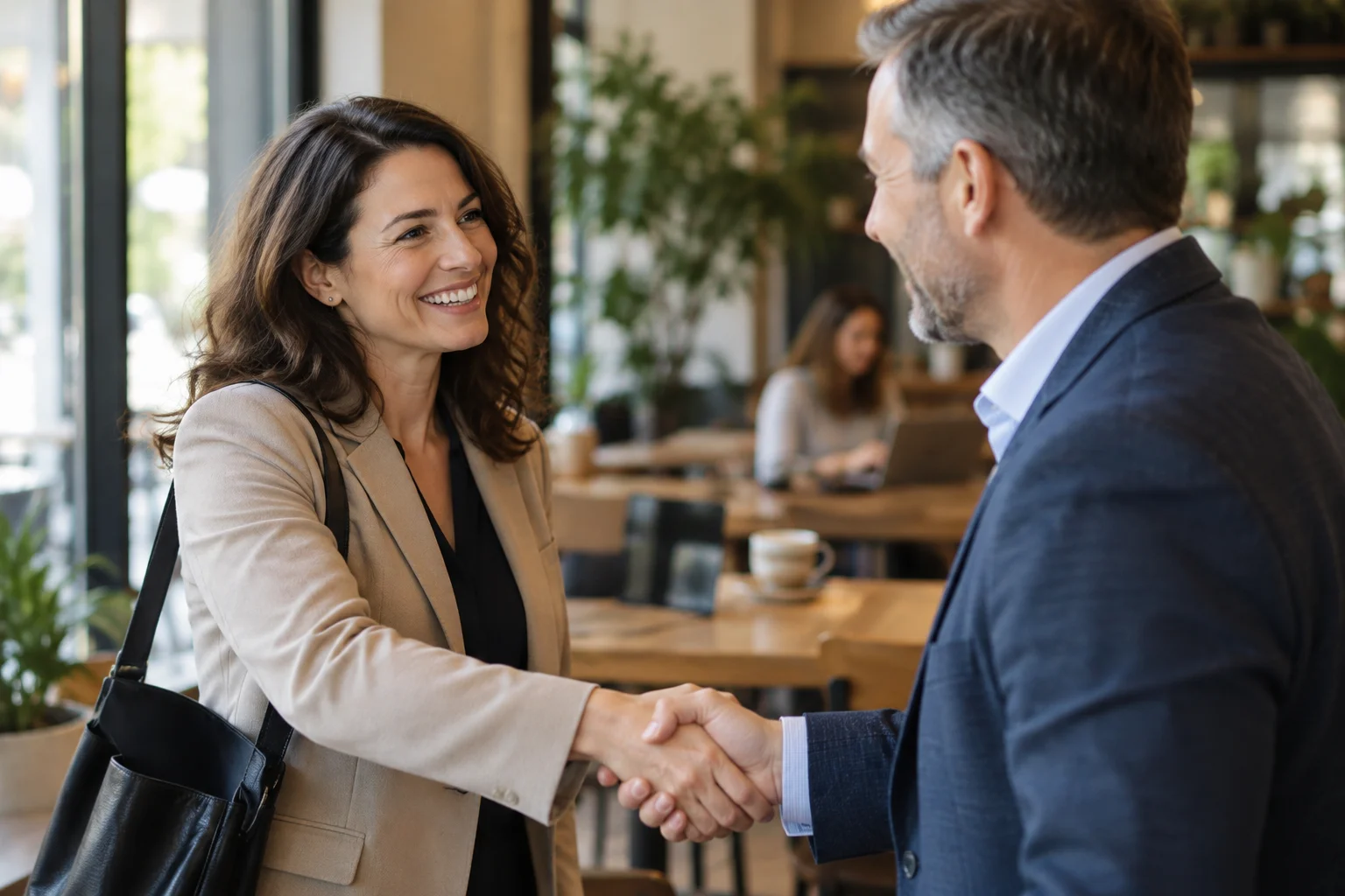 Business professionals reconnecting and renewing a referral partnership through a handshake